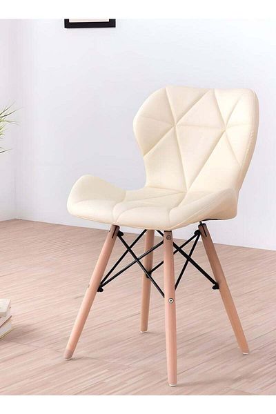 Taimi Modern Dining Chair, PU Leather Seat, Natural Wood Legs, Scandinavian Design , Beige