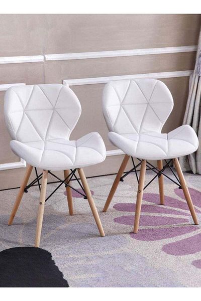 Taimi Pack of 2 Modern Dining Chair, PU Leather Seat, Natural Wood Legs, Scandinavian Design , White