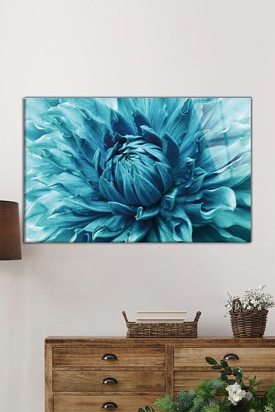 Rosyvien Close-up Blue Flower Οριζόντια Γυάλινη Ζωγραφική, Φύση, Διακόσμηση τοίχου σπιτιού και γραφείου, πολυτελές δώρο