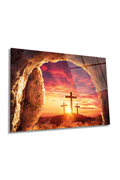 Rosyvien Cruci în apus de soare Pictură orizontală pe sticlă, peisaj religios...