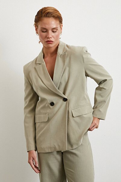 Never more Double Button Linen Blazer Jacket Gray