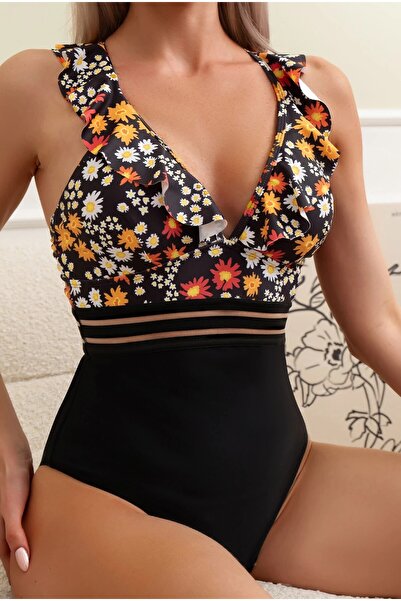 BELLA NOTTE Kadın Siyah Çiçek Desenli Tül Detaylı Tek Parça Mayo