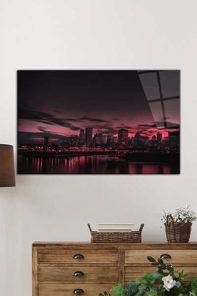 Rosyvien Red City Landscape Horizontal Glass Painting, Home and Office Wall Decoration, Luxury Gift