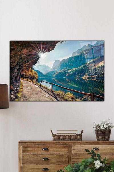 Rosyvien Peisaj de lac de toamnă însorită, pictură orizontală pe sticlă, decor de perete pentru casă și birou, cadou de lux