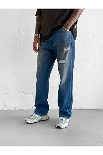 ablukaonline Erkek Yırtık Soluk Efektli Baggy Fit Jean Mavi