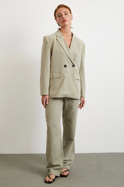 Never more Double Button Linen Blazer Jacket Gray
