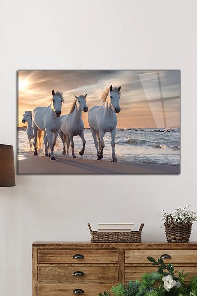 Rosyvien White Horses Animal Portrait Οριζόντια γυάλινη ζωγραφική, διακόσμηση τοίχου σπιτιού και γραφείου, πολυτελές δώρο