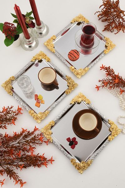 AKSESUAR EVRENİ Alve Silver Gold Flower Patterned Stainless 3-Piece Decorative Square Presentation Tray