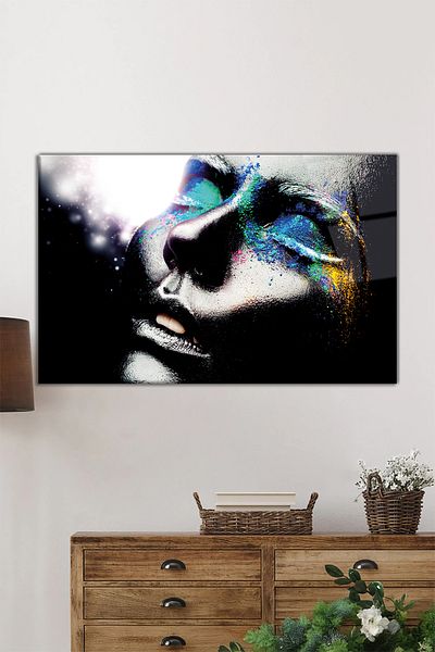 Rosyvien Tablou de sticlă orizontal pentru femei cu machiaj colorat, artă îndrăzneță, decor de perete pentru casă și birou, cadou de lux
