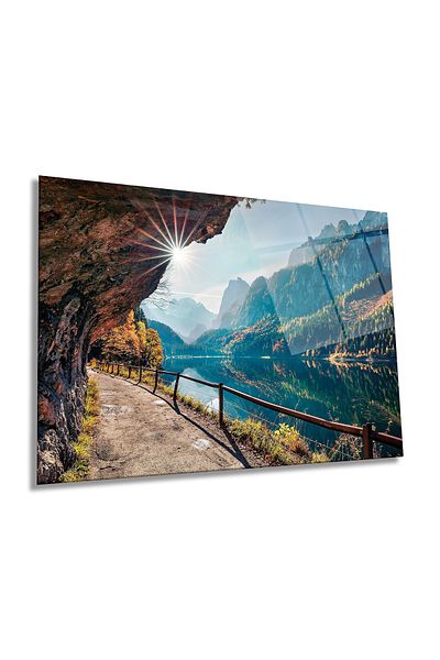 Rosyvien Peisaj de lac de toamnă însorită, pictură orizontală pe sticlă, decor de perete pentru casă și birou, cadou de lux