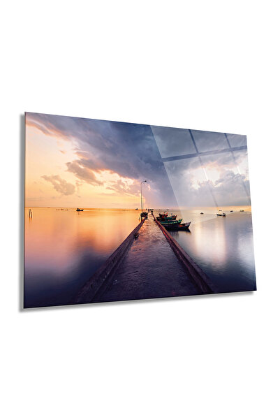 Rosyvien Barci și peisaj de apus pictură orizontală pe sticlă, decor de peret...