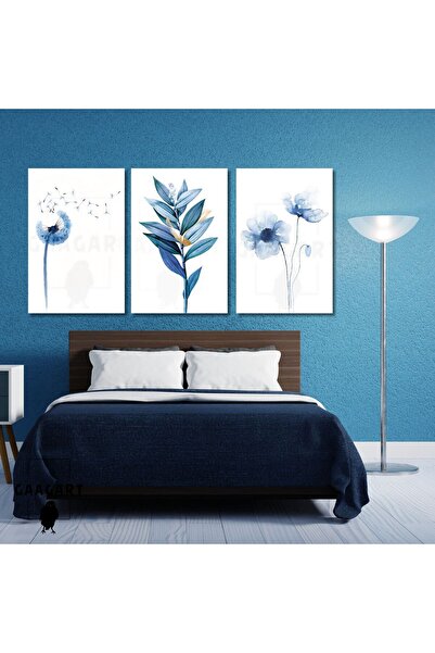 GAAGART 3'lü Kanvas Salon Tablosu Seti Mavi Karahindiba ve Çiçek