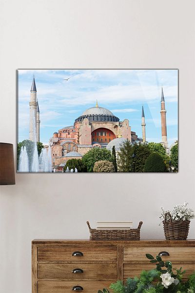Rosyvien Moscheea Hagia Sofia din Istanbul Tablou orizontal din sticlă, islamic, decor de perete pentru casă și birou, cadou de lux