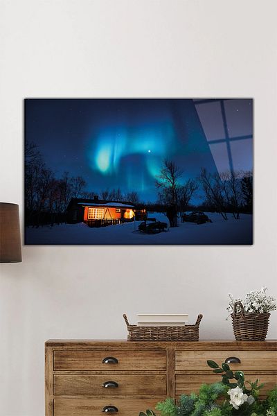 Rosyvien Northern Lights in the Wild Galaxy Horizontal Glass Painting, Univers, Decor de perete pentru casă și birou, Cadou de lux