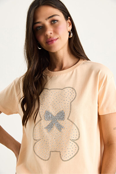 Bianco Lucci Γυναικείο Teddy Ribbon Λεπτομερές T-Shirt από πέτρα 60602035