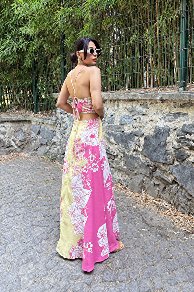 Seda Yalçın Atelier Pink Colored Positano Linen Dress with Back Tie and Floral Pattern