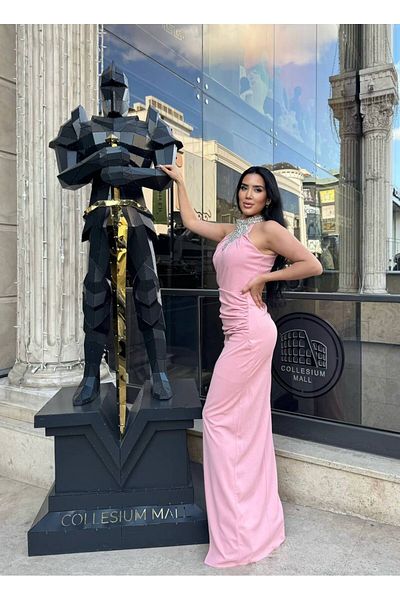 1Moda1Tarz Γυναικείο ειδικό σχέδιο φόρεμα με εισαγόμενο κρεπ ύφασμα με πέτρα κεντημένο στο λαιμό και στο στήθος