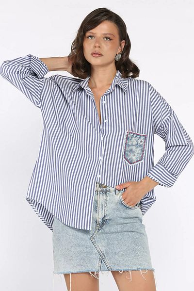 GÜLSELİ Cămașă casual de damă cu buzunare în dungi bleumarin