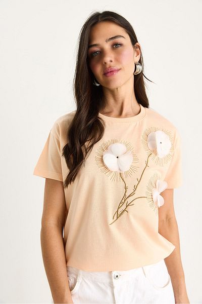 Bianco Lucci Women's Crew Neck Short Sleeve T-Shirt with Embroidered Embossing Accessories 60602024
