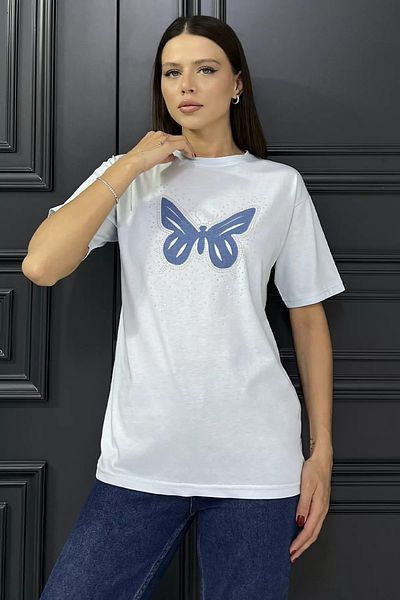 GÜLSELİ Tricou de damă cu decolteu albastru cu piatră și fluture