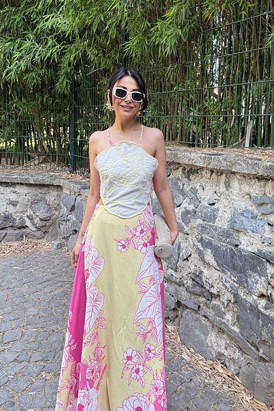 Seda Yalçın Atelier Pink Colored Positano Linen Dress with Back Tie and Floral Pattern