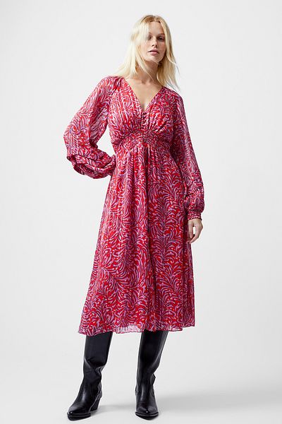 French Connection Puff Sleeve Printed Mid-Calf Dress