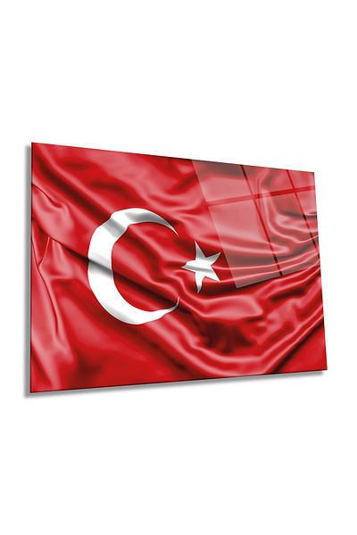 Rosyvien Red Wavy Turkish Flag Horizontal Glass Table, Turkey Flag, Home Office Wall Decor, Luxury Gift