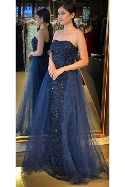 Abiyeniall Lacivert Straplez Yaka Tül Pelerin Etekli Pullu Boncuklu Uzun Abiye Elbise 7705