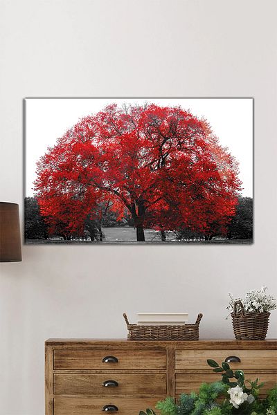 Rosyvien Red Leafed Tree Horizontal Glass Painting, Nature, Home and Office Wall Decoration, Luxury Gift