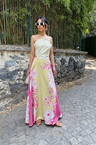 Seda Yalçın Atelier Pink Colored Positano Linen Dress with Back Tie and Floral Pattern