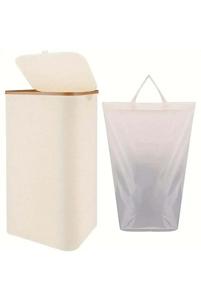 TECOS Cos de rufe din bambus, Tecos®, pliabil, portabil, sac detasabil, 100 L, 75x41x33 cm, textil, bej