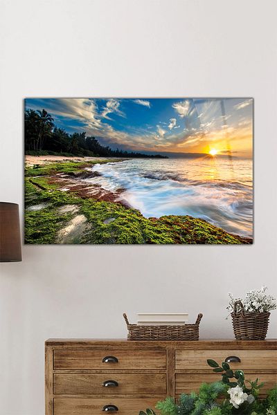 Rosyvien Peisaj hawaian de apus de soare pictură orizontală pe sticlă, decor de perete pentru casă și birou, cadou de lux