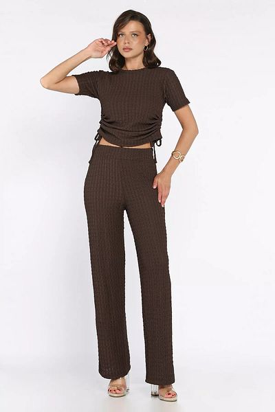 GÜLSELİ Coffee Side Gathered Women's Blouse Pants Double Set