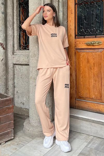 GÜLSELİ Beige Women's Embroidery Detailed T-Shirt Pants Double Set