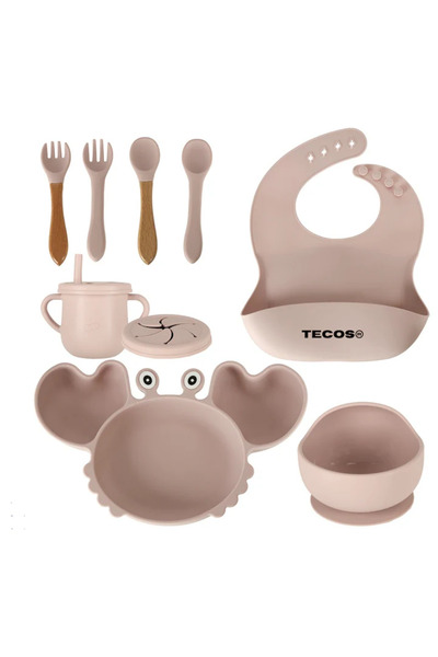 TECOS Set de vesela din silicon pentru copii, Tecos®, 9 Piese, crabi, roz, id...