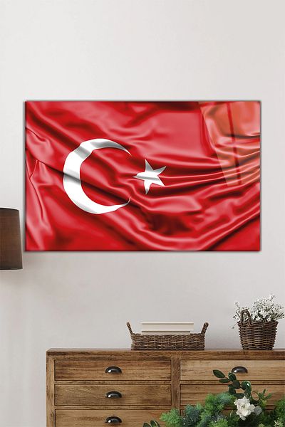 Rosyvien Red Wavy Turkish Flag Horizontal Glass Table, Turkey Flag, Home Office Wall Decor, Luxury Gift