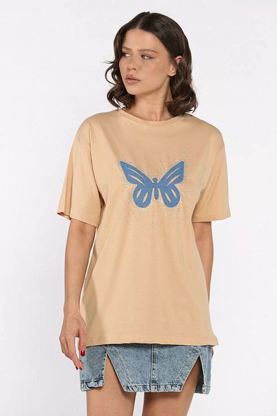 GÜLSELİ Γυναικείο μπλουζάκι μπεζ Crew Neck Stone Butterfly Motif