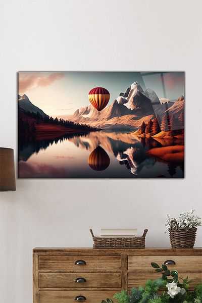 Rosyvien Balloon Landscape at Sunset Horizontal Glass Painting, Home and Office Wall Decoration, Luxury Gift