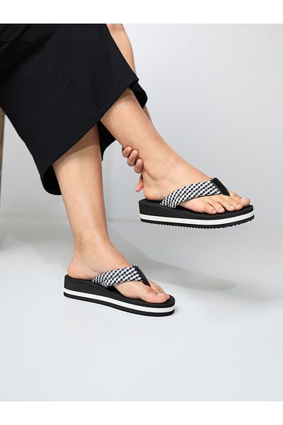 HANOX Plaid Black Wedge Heel Women's Flip Flops Beach Slippers Flip Flops (4.2) cm
