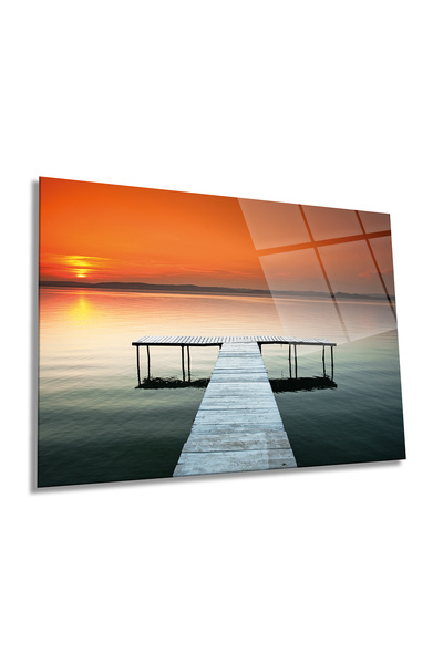 Rosyvien Pictură pe sticlă orizontală portocalie cer și peisaj de schele, dec...