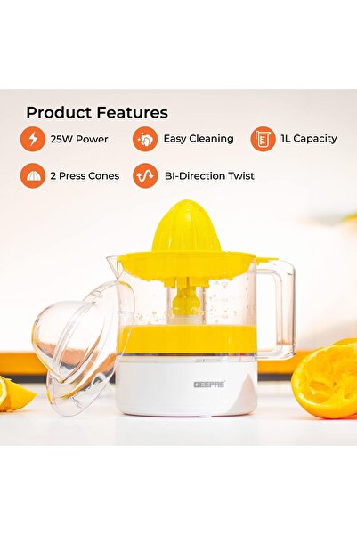 Geepas Portable Citrus Juicer Set Non Slip Feet Transparent Lid Plastic Body Effortless Juicer with