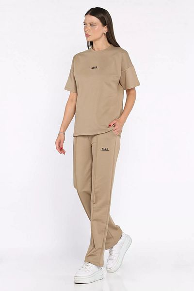 GÜLSELİ Beige Women's Çima Detailed Embroidered Trousers T-Shirt Double Set