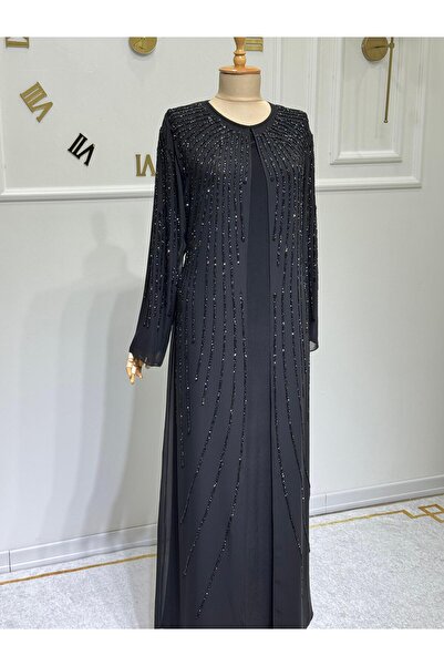 ModaMinar Women's Chiffon Shoulder and Sleeves Stone Embroidery Chiffon Dress