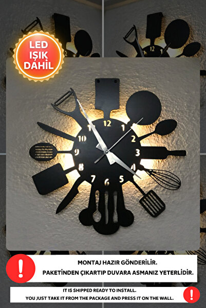 Dekorvin Led Işıklı Mutfak Modern Duvar Saati Sessiz Dekoratif Modern Siyah A...