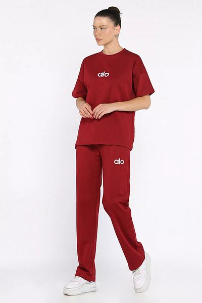 GÜLSELİ Burgundy Crew Neck Embroidered Women's T-Shirt Pants Double Set