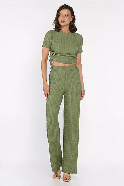 GÜLSELİ Khaki Side Gathered Women's Blouse Trousers Double Set