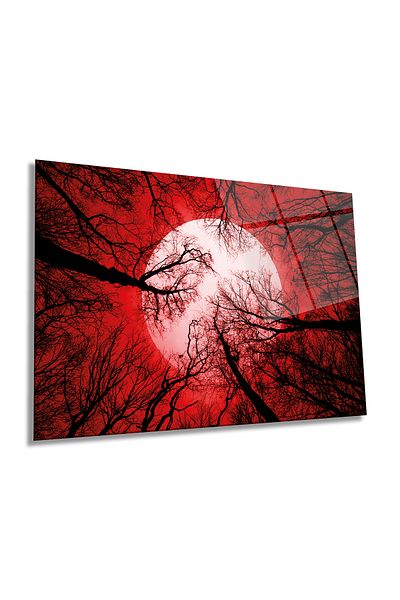 Rosyvien Red Sky Forest and Moon Horizontal Glass Painting, Universe, Home and Office Wall Decoration, Luxury Gift