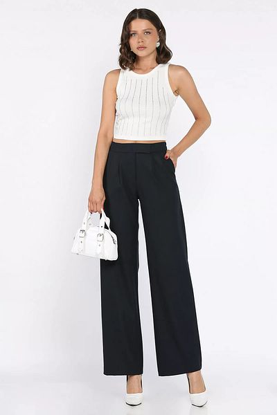 GÜLSELİ Navy Blue Women's Elastic Waist Velcro Palazzo Trousers