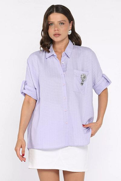 GÜLSELİ Cămașă casual de damă liliac cu accesorii florale și buzunare