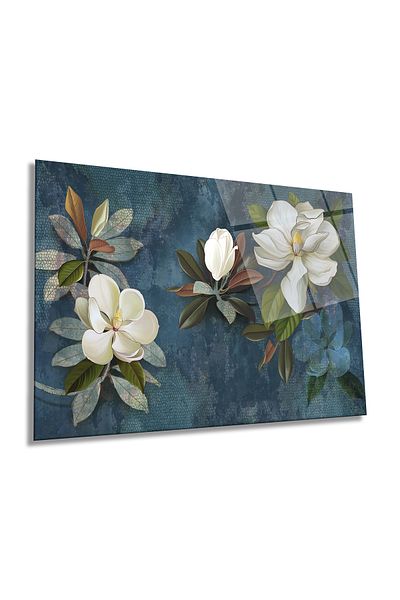Rosyvien Ilustrație de flori albe Pictură orizontală pe sticlă, peisaj natural, decor de perete pentru casă și birou, cadou de lux